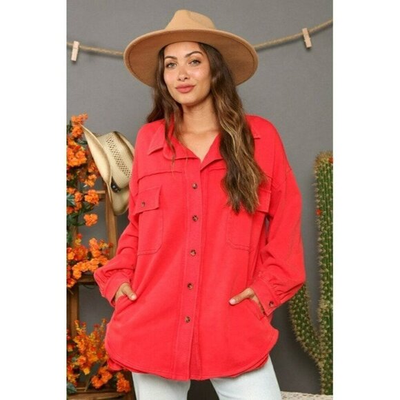 Fantastic Fawn Jackets & Blazers - Be Bold Washed Contrast Loose Shacket in Red